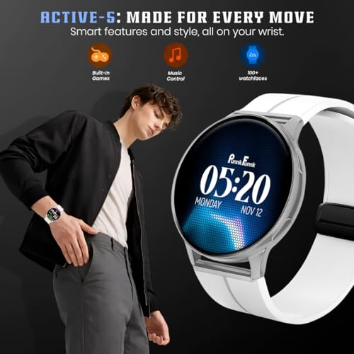 PunnkFunnk Active 5 Smart Watch with 1.3” AMOLED HD Display | Bluetooth Calling, AI Voice Assistant, 100+ Sports Modes, Heart Rate & SPO₂ Tracking, IP68 Waterproof for Men & Women- (White)