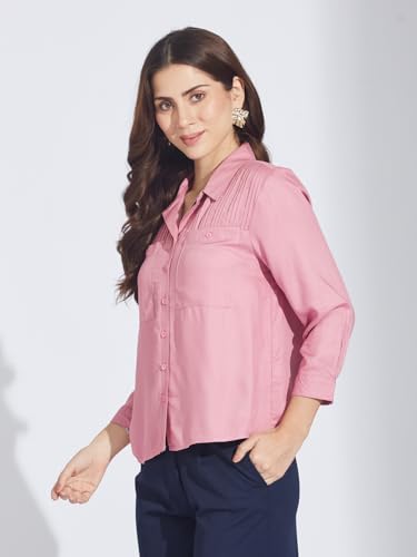 Latin Quarters Women Pink 3/4 Sleeve Spread Collar Solid Shirt_L