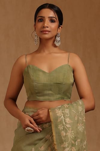 Soch Womens Light Olive Linen Floral Printed Saree With Zari