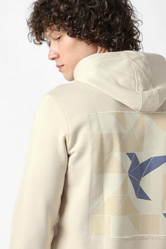 Men Beige Print Hooded Neck Sweatshirt