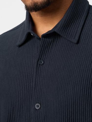 The Souled Store Textured Shirt: Blue Iris Men and Boys Short Sleeve Spread Collar Navy Blue Solid Cotton Blend Lightweight Drop Shoulder Streetwear Trendy Oversized Shirt