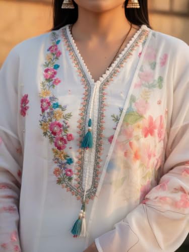 INDO ERA Women's Cotton Blend Embroidered Thread Work A-Line Kurta & Pant with Dupatta Set (X-Large) | Pure Cotton Kurta Set For Women With Dupatta