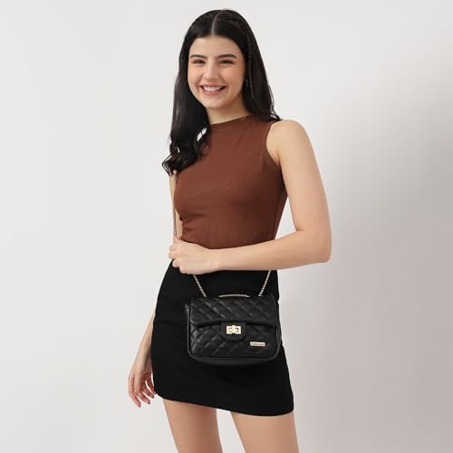 Fastrack Black PU Structured Quilted Sling Bag for Women, Girls and Ladies | Polished Quilted Chic Exterior | Chain Crossbody Handbag | Ladies Purse Handbag