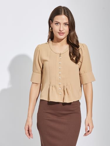 Latin Quarters Women Beige Round Neck Half Sleeves Solid Top Blouse for Casual Wear_M