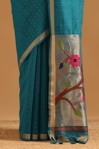 Soch Womens Turquoise Blue Tissue Botanical Zari Woven Saree