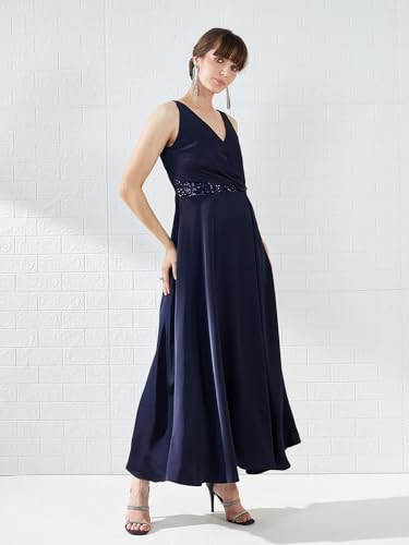 Latin Quarters Women's Blue Sleeveless V-Neck Solid Party Maxi Dress_M
