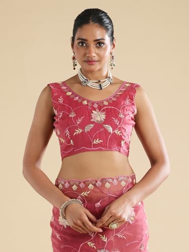 AKHILAM Women's Pink Poly Chiffon Embroidered Embroidered Saree With Unstitched Blouse Piece (ANIKA4204_AG)
