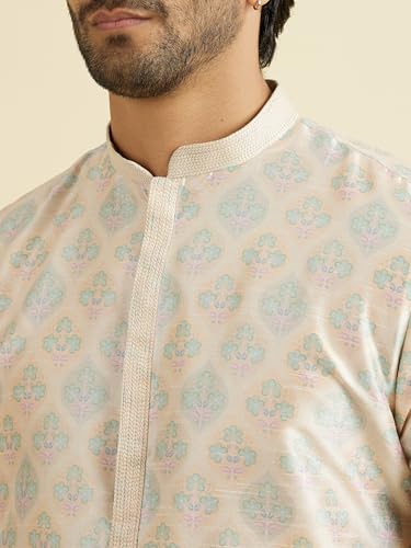 Manyavar Men's Art Silk Digital Print Kurta Pyjama Set (Peach,M)