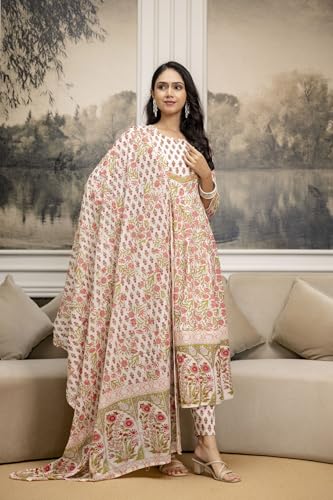 NIVANA Embroidered & Floral Printed Anarkali Kurta with Pant & coordinated Dupatta | S | White | Floral | Anarkali