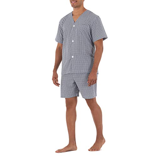 Fruit of the Loom Men's Broadcloth Short Sleeve Pajama Set, Navy/White Check, Large