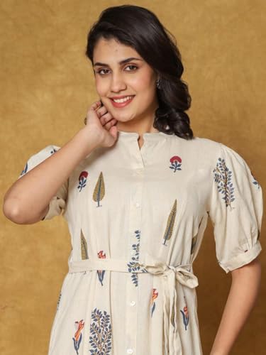 INDO ERA Women's A-Line Cotton Printed Floral Dress (White_IEOUT10068_Medium)