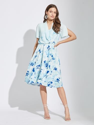 Latin Quarters Women Blue V-Neck Half Sleeves Tie Dye Knee Length A-Line Dress for Casual Wear_M