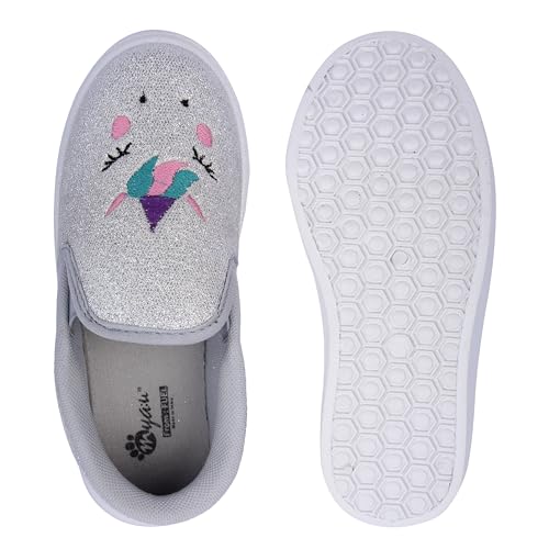 Myau Girls' Glitter Embroidery Design Slip-On Shoes, Casual Sneakers for 3-8 Years (Silver, UK Footwear Size System, Little Kid, Women, Numeric, Medium, 12)