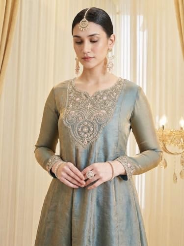 Women's Sage Green Fandy Silk Kurta Palazzo Set With Dupatta