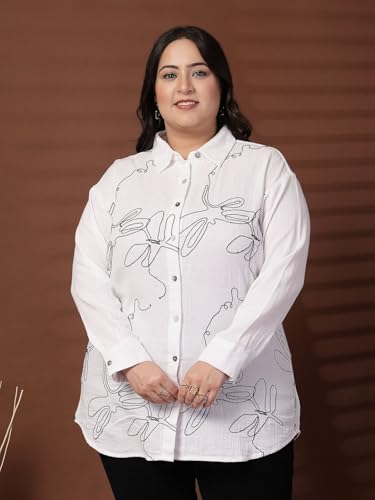 Women Plus Size Abstract Printed Monochrome Cotton Casual Shirt (FSTP23579-WHITE-3XL)
