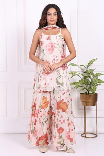 W for Woman White Floral Printed Crepe A-Line Kurta with Culotte and Dupatta Set - (WS13913-127594-M)