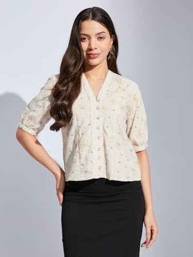 Latin Quarters Women Beige V-Neck Half Sleeves Printed Shirt Blouse for Casual Wear_XL