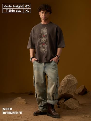 The Souled Store Nomad: Sandstorm Men and Boys Short Sleeves Round Neck Dark Brown Embroidered Tribal Casual Drop Shoulder Streetwear Trendy Super Oversized T-Shirt