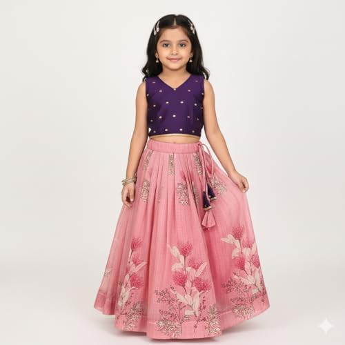 Tejam Girl's Latest Sleeveless Crop Top With Pink Lehenga Set - Traditional Dress - Floral Printed Lehenga Choli For Kids 2 To 8 Years (Pink, 4-5 Y)