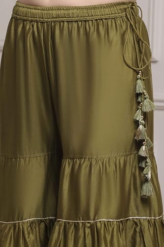 BIBA Women Mehndi Green Cotton Silk Straight Suit Set_34