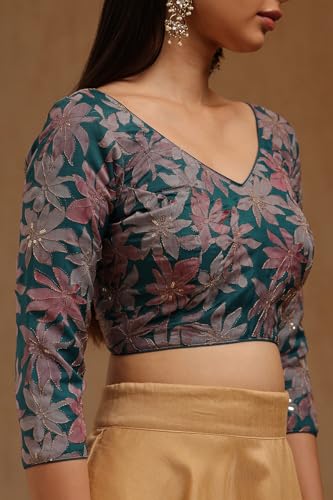 Soch Womens Blue Organza Floral Print Padded Blouse with Zari