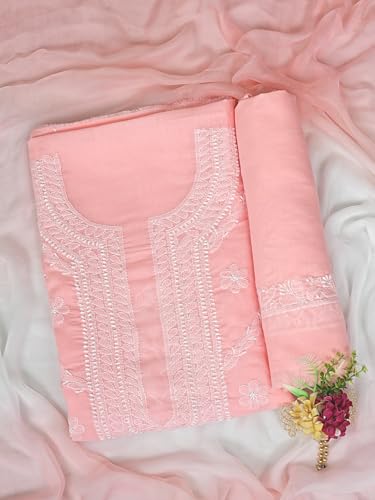 Ada Hand Embroidered Lucknowi Chikankari Unstitched Cotton Dress Material Suit Piece with Dupatta for Women 01A869352 Peach