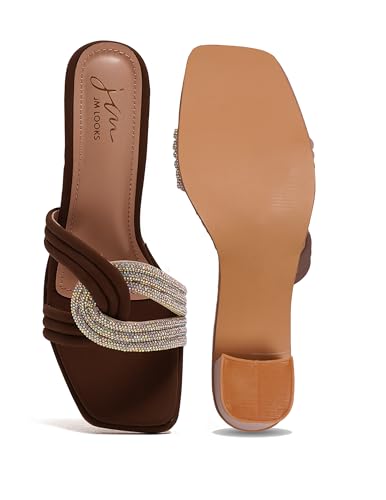 JM LOOKS Women's Block Heeled Sandals Low Chunky Heels Embellished Upper Open Square Toe Dress Shoes for Wedding Bridal Party - Brown