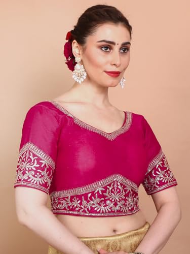 S SALWAR STUDIO Pink Silk Embroidered Readymade Alterable Blouse