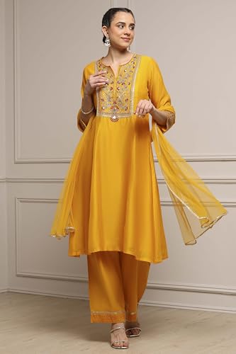 Biba Women Yellow Viscose Rayon A-Line Solid Suit Set_38