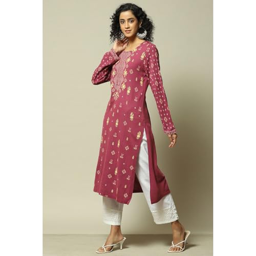 Rangriti Women's Acrylic Printed Regular Kurtas (WNTRWR18869AW23YEL_Yellow