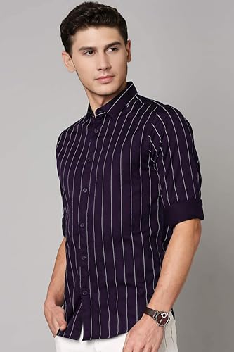 IndoPrimo Men's Regular Fit Soft Poly Cotton Stripe Casual Shirt for Men (Medium, Purple)