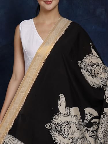 Exotic India Pirate-Black Kalamkari Dupatta with Pen Art Hand-Painted Kathakali Dancing Ladies - Cotton, Black, One Size