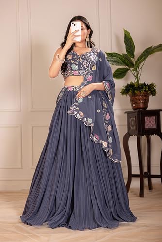 AMOSWAY Women's MULTI color Designer Thread, Zari Embroidery & Sequence work Lehenga Choli (lahenga stitched and choli unstitched) (GREY)