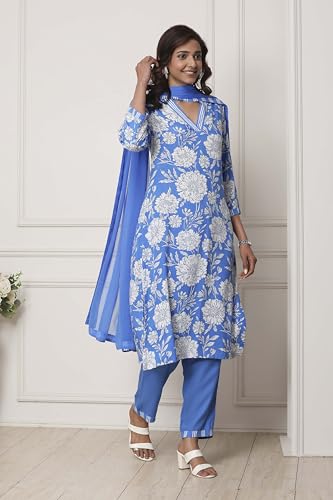 Biba Women Blue Viscose Rayon Straight Suit Set_34