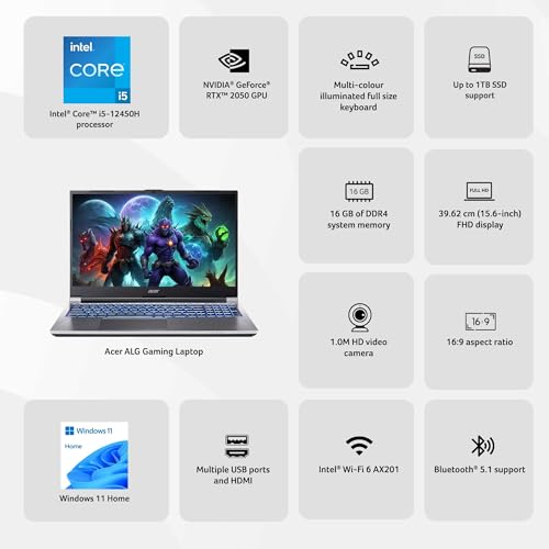 Acer ALG, Intel Core i5-12th Gen 12450H Processor, NVIDIA GeForce RTX 2050-4GB (16GB/1TB) FHD, 15.6"/39.62cm, 144Hz, Win 11 Home, Steel Gray, 1.99KG, AL15G-52, Premium Metal Body Gaming Laptop