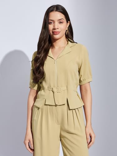 Latin Quarters Women Beige Collared Half Sleeves Solid Top Blouse for Casual Wear_XXL