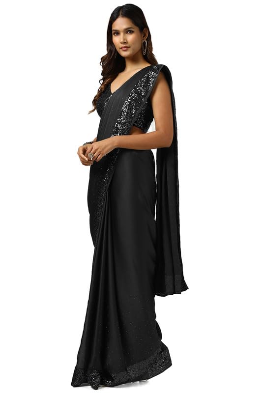 Soch Womens Black Satin Saree With Stones And Sequins