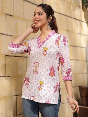 NAINVISH Women's Pink Floral Printed A-line V-Neck Top (SD671_T-XL_(3)