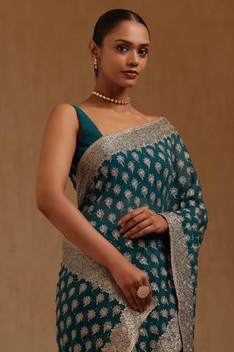 Soch Womens Teal Georgette Embroidered Saree With Stone Work