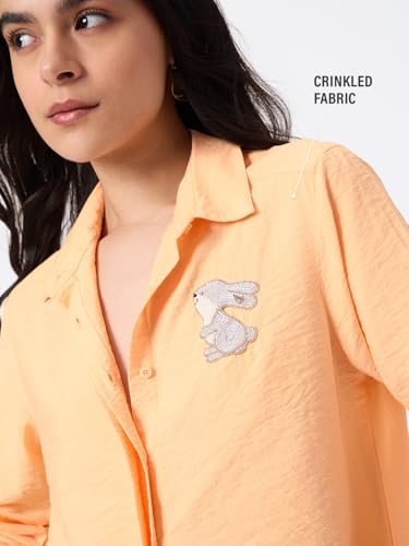 The Souled Store Textured Shirt: Bunny Women and Girls Full Sleeves Collared Light Orange Embroidered Crinkled Viscose Nylon Relaxed Fit Lightweight Casual Shirt