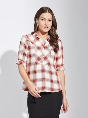 Latin Quarters Women Red Collar Neck Half Sleeves Checked Shirt Blouse for Casual Wear_XL
