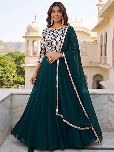 Zeel Clothing Women's Chikankari Sequins Embroidered Georgette Lehenga Choli with Dupatta (5050-Green-Women-New-Lehenga-Choli; Free Size)