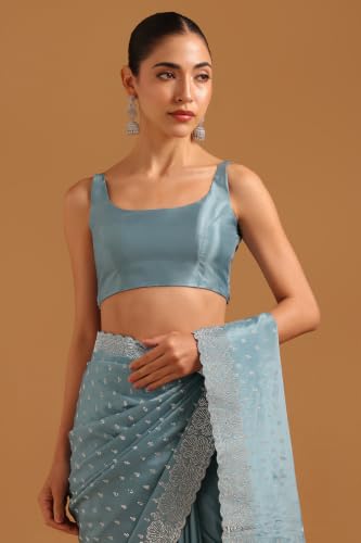 Soch Womens Powder Blue Satin Embellished Zari Woven Swarovski Stone Saree