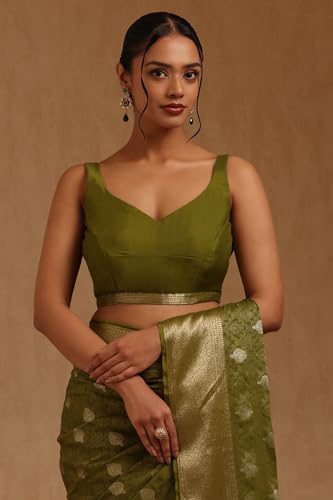 Soch Womens Olive Georgette Ethnic Motifs Zari Woven Saree