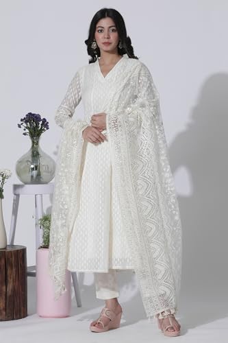W for Woman Off-White Cotton Blend Anarkali Embroidered Kurta, Straight Pants and Dupatta Set (Size: XL)-24FESP10670-313617
