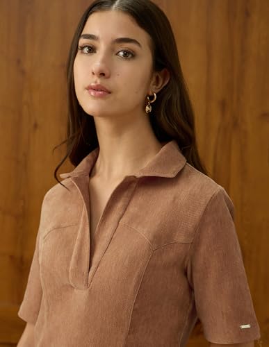 U.S. Polo ASSN. Textured Polo Collar Mini Dress (UWAW25DRS185_Brown_L)
