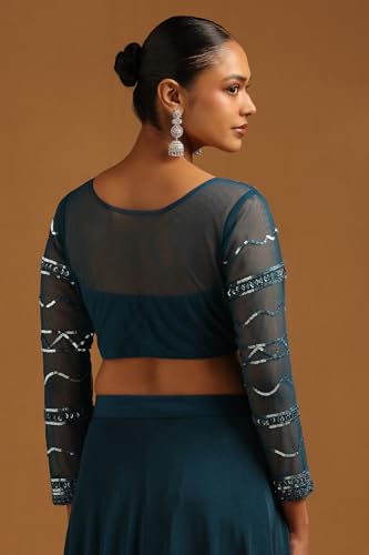 Soch Womens Teal Spandex Embellished Ready To Wear Saree