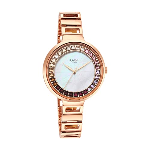 Titan Raga Love All Quartz Analog Mother Of Pearl Dial Rose Gold Metal Strap Watch for Women - NT95150WM01