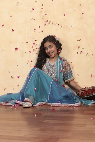 Biba Girls Blue Cotton Printed Kalidar Lehenga Set_6-7Y