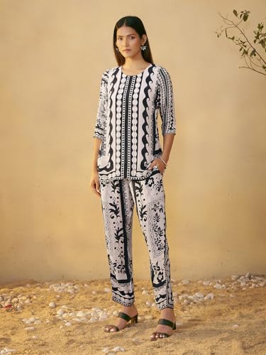 Pinkmint Women's Pure Crepe Black & White Printed Co Ord Set l Fancy Tunic with Straight Pants l Monocharome Ethnic Co Ord Set, Casual & Outdoor Wear (Available in Plus Size)